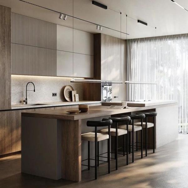 Muebles de cocina completos de la isla de madera de PVC blanco, puertas de vidrio para villas