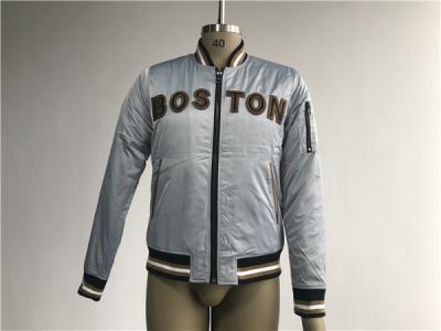 Bluish Grey Mens Polyester Bomber Jacket With Black And Tan Terry Toweling Applique