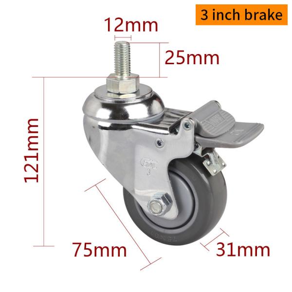 Industrial TPU 3 Inch Caster Wheels 130kg Chrome Coating Threaded Swivel / Brake