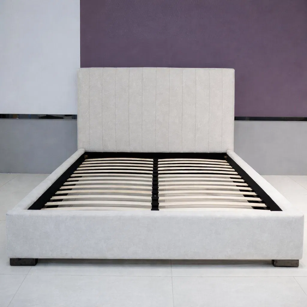 Tall Headboard Cream Upholstered Platform Bed with Under Bed Storage