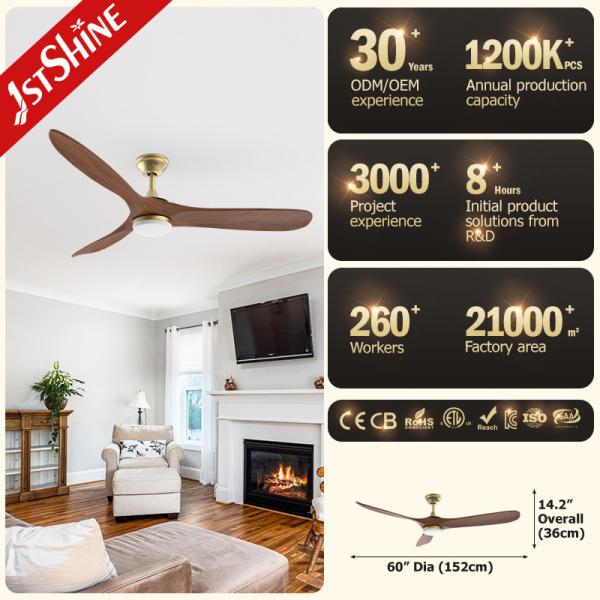 Ventilador de teto de estilo europeu moderno com luz LED Villa Ac Dc 3 Blade Madeira