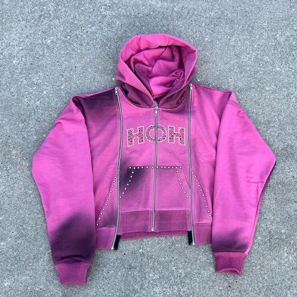OEM Manufacturer Custom Rhinestone Zip up Hoodie Three Zippers Acid Washed Tracksuits Dirty Sweatpants and Hoodie Sets