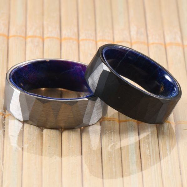 Blue Purple Box Elder Wood Inner Brushed Faceted Styles 8mm Classic Silver or Black Tungsten Ring for Men Wedding Bands