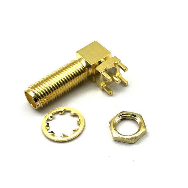 SMA Female RF Connector Right Angle PCB Mount with Phosphor Bronze Contact and Brass Housing