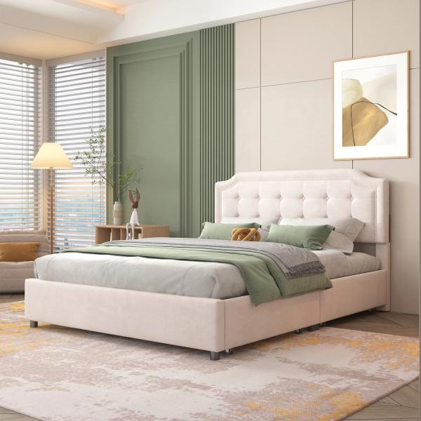 Queen Size Upholstered Platform Bed with Velvet Fabric Classic Headboard bed room set for Bedroom Apartment and Hotel