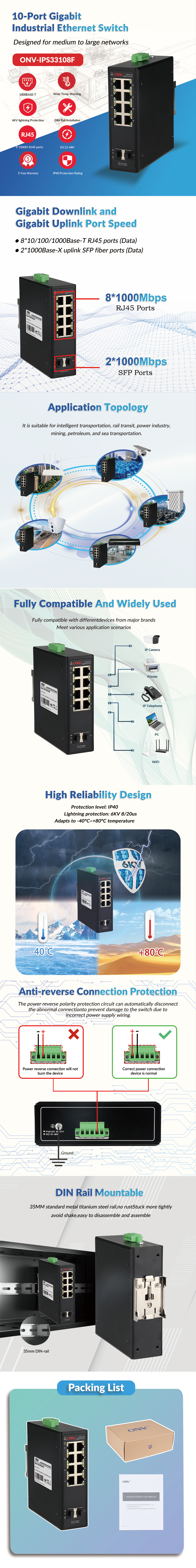 10-Port Gigabit Industrial Ethernet Switch With 8*10/100/1000M RJ45 Ports DIN Rail Mounting