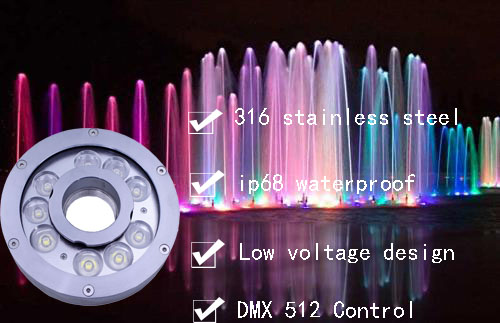 RGB LED Underwater Light For Fountain 316 Stainless Steel 27w Fountain Light