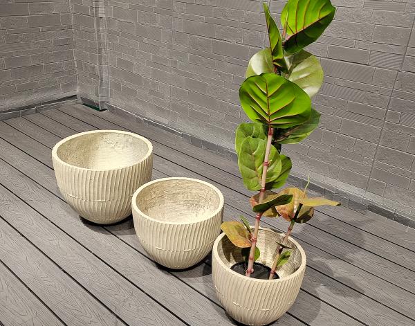 Warm Natural Beige Rhythmic Tactile Pattern Round Fiber Clay Planter Home Porch Project