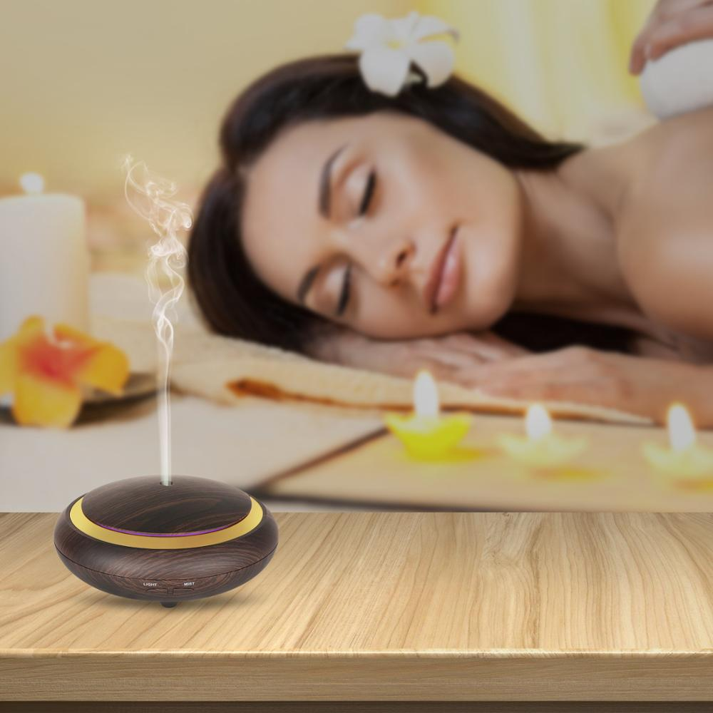 UFO Shape 150ml Ultrasonic Aroma Diffuser 7 Color LED Lights Pear Wood Electrical Essential Oil Humidifier Machine for Room Use