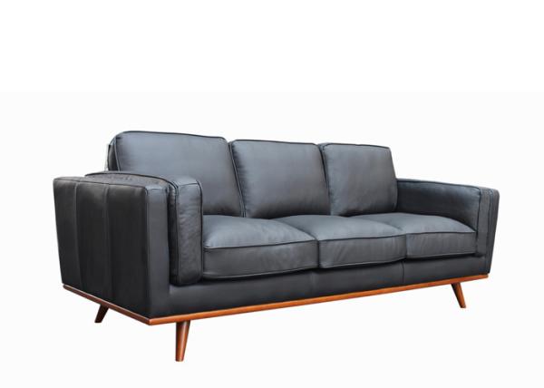 Wooden Base Three Seater Leather Sofa  Black Leather 3 Seater