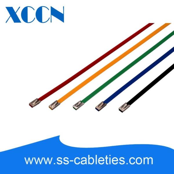7.9*0.25*400mm 201,304,316 grade colorized epoxy polyester ball-lock plastic coated stainless steel cable ties