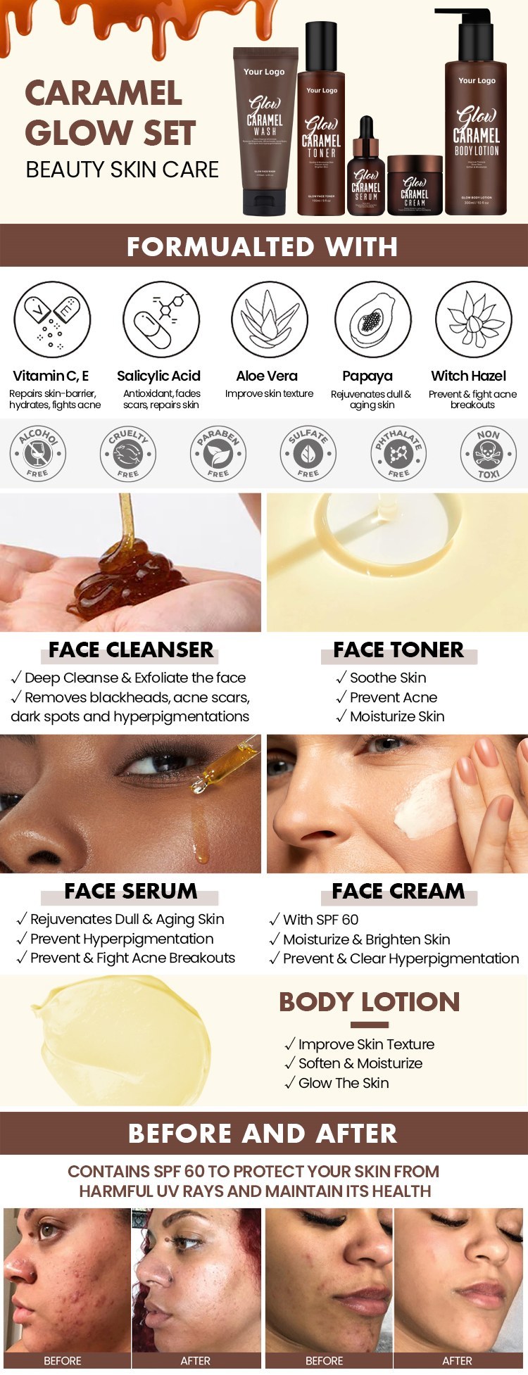 OEM ODM customized natural vegetarian skin care set foam cleanser caramel anti acne skin brightening face cream private brand essence serum toner