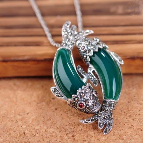 Thai 925 Silver Double Fishes Green Agate Pendant with Sterling Silver Chain (N11066GREEN)