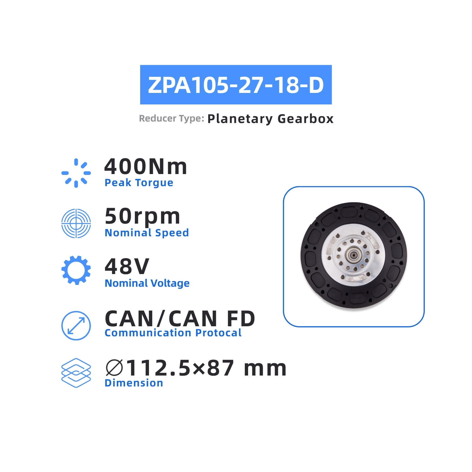ZBDynamiX ZPA105-27-18-D High-Torque Planetary Joint Actuator | 400 Nm Peak Torque, 18:1 Ratio, OD112.5 mm
