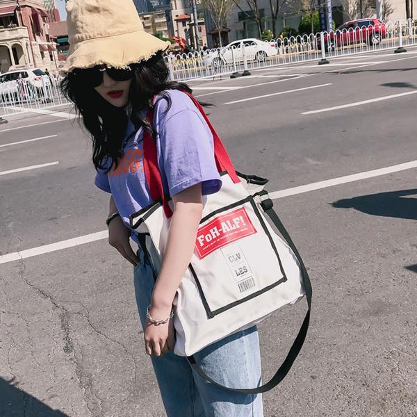 New Korean fashion personality school style contrast color canvas bag women's portable shoulder bag simple fashion bag