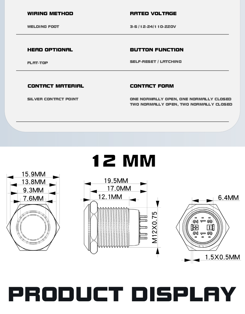12mm ultra-short dual-blade switch, 2-on 2-off metal button switch, 1-on 1-off self-locking and momentary, small modification button