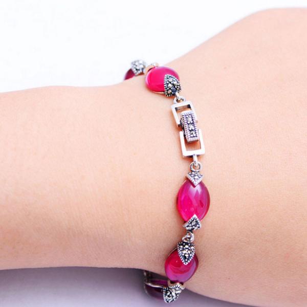 Thai Vintage Sterling Silver Pink Cubic Zircoina Tennis Bracelet (XH055793W)