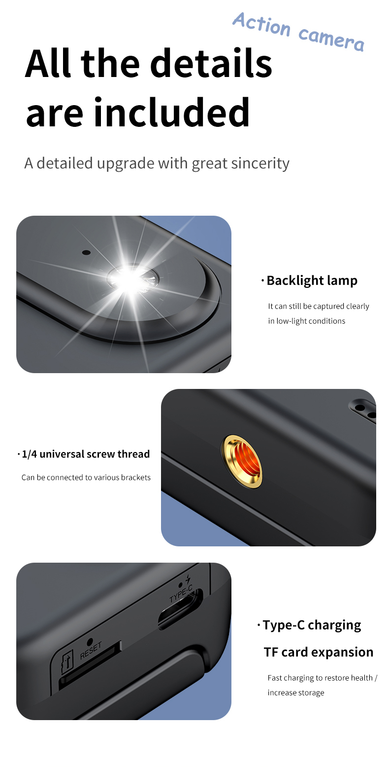 DLC Action Camera First Person POV 1080P Video Reversible Display 1/4 Screw Mount Anti Vibration Sports Cam for Live Streaming