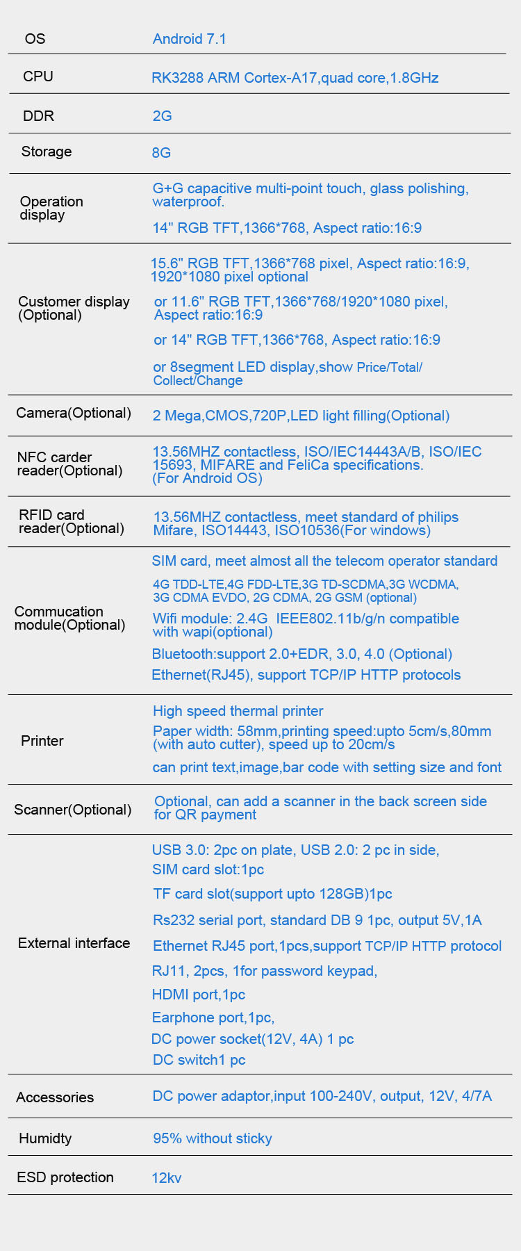 POS Cash Register Machine with 15.6 Inch Touch Screen Android USB and Thermal Printer