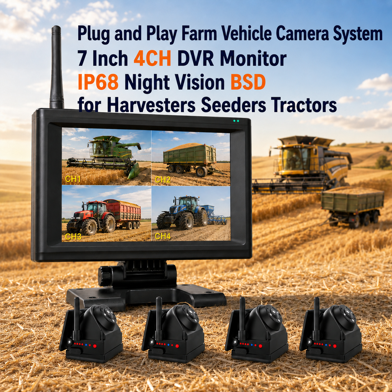 Plug and Play 1 - 4CH 720P Wireless Magnetic Camera System 7 Monitor BSD Alarm Rechargeable  for Truck RV Trailer Farm Machinery