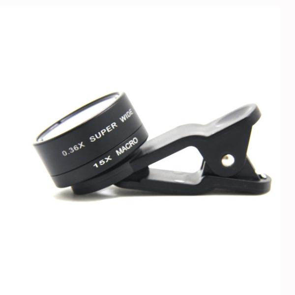 0.36X Cell Phone Wide Angle Lens 15X 2 In 1 Lens Black Silver Champagne