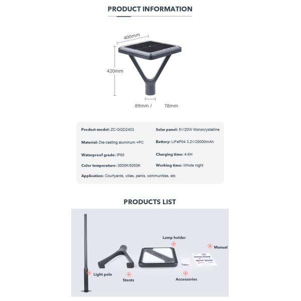 освещение ландшафта квадрата света сада тела IP65 20W 5V алюминиевое солнечное для вилл