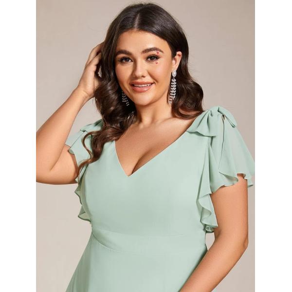 Empire Plus Size V-neck High Split A-line Short Sleeve Zipper Mint Green Chiffon Bridesmaid Dress