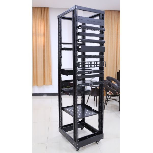 LE-RD Heavy Duty Open Rack SPCC Steel Construction Powder Coated Finish Adjustable Depth Mobile Solution4 Post Open Frame Server Rack 18U-47U 600mm-1000mm Depth 500kg Load Capacity SPCC Steel CE