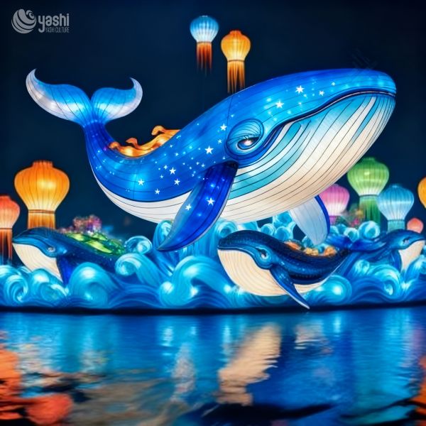 Lanternes décoratives pour parc à thème zoo, lanterne famille baleine bleue, lanternes décoratives scène aquatique nocturne