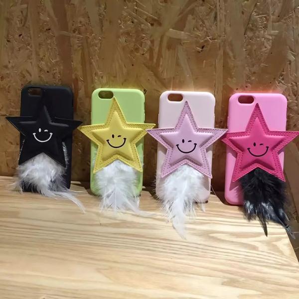 Korea Style PC & Cortical Star Shape Smile Face Camel Color Hair Tail Back Cover Cell Phone Case For iPhone 7 6s Plus