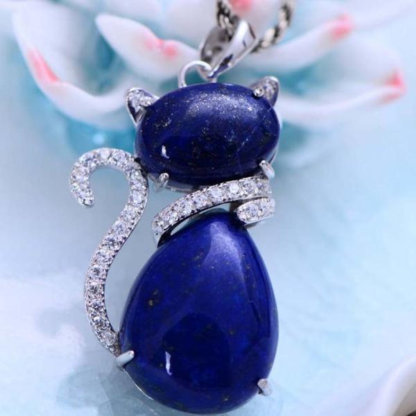 Sterling Silver Lapis Lazuli Cat  Shape Women Pendant Necklace (048817W)