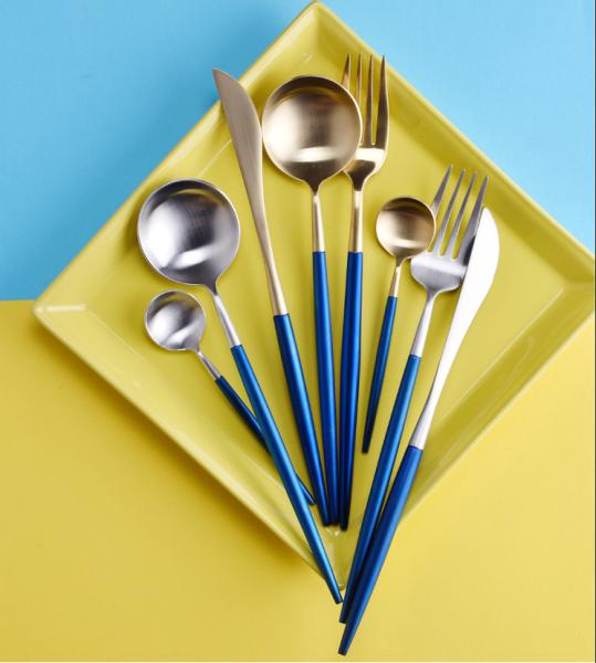 China Supplier Stainless Steel Flatware Set with Blue and Gold Color NC099 Dinner Knife Fork Spoon