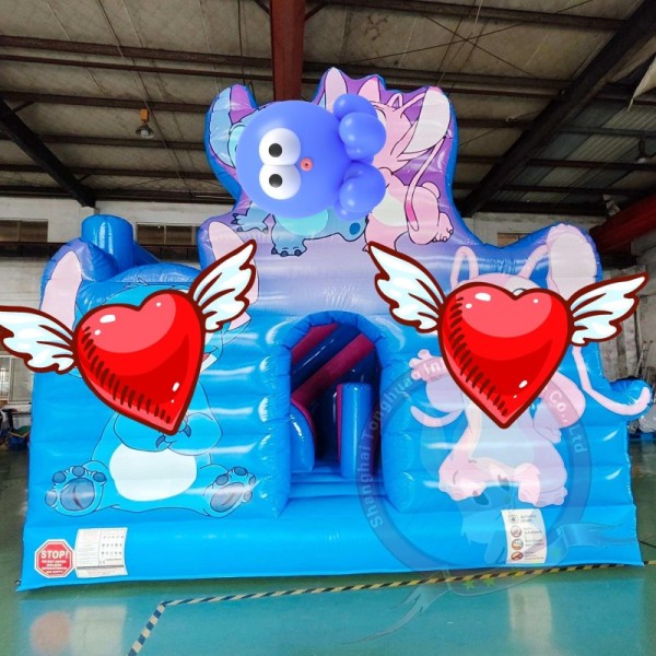 Blue Cartoon Inflatable Bounce House with Slide and Safety Mesh for Kids Events