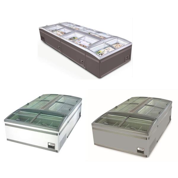 Congelador branco da ilha do supermercado para o alimento congelado com deslizamento da porta de vidro curvada