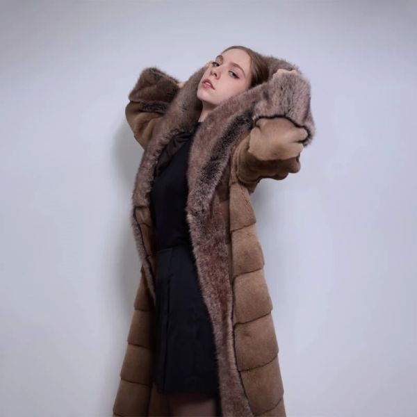 Fashion Retail Women'S Fluffy Hood Faux Fur Coat Long Overcoat