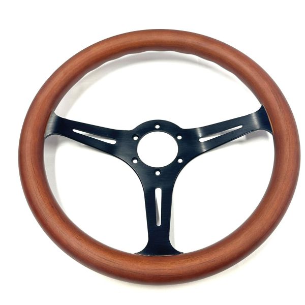 14 Inch  Classic Wood Mahogany Steering Wheel Matte Black Brushed Aluminum Spokes