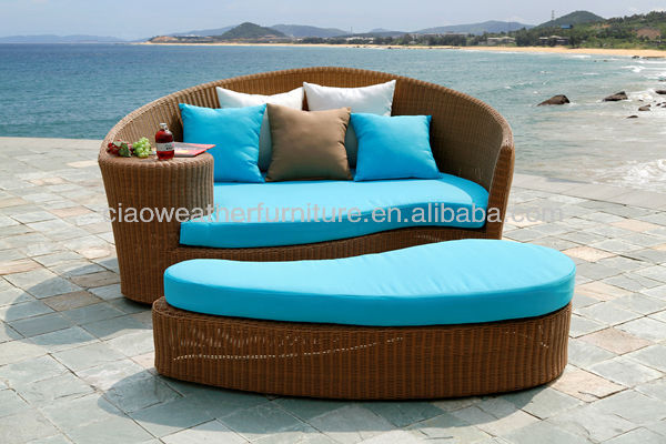 Lit rond tissé en rotin de jardin extérieur sans auvent pliable