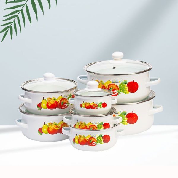 Enamel Casserole Hot Pot Cookware Set 5 PCS Glass Lid Flower Pattern