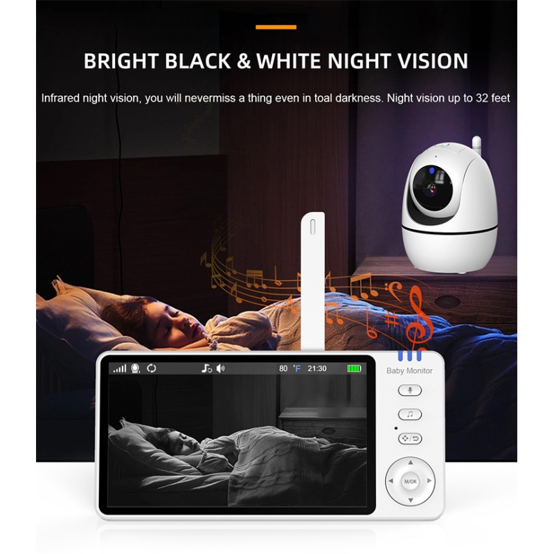 Smart Video Baby Pet Monitor PTZ Camera 5.0 Inch Screen 300M Talking Range Sleep IR Night Vision Two-Way Audio Music Talk-Back