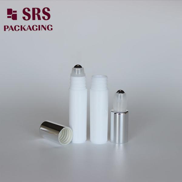 SRS empty cosmetic 5ml white plastic roller ball bottle with silver cap