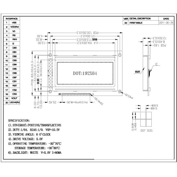 Модуль дисплея Lcd матрицы точки для промышленного применения 192x64 ставит точки