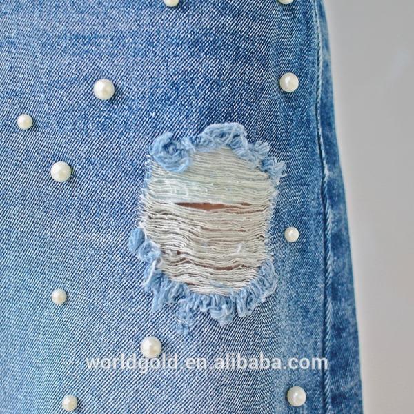 Custom Women A LINE Damaged Denim Skirt With Pearls And Frayed Hem