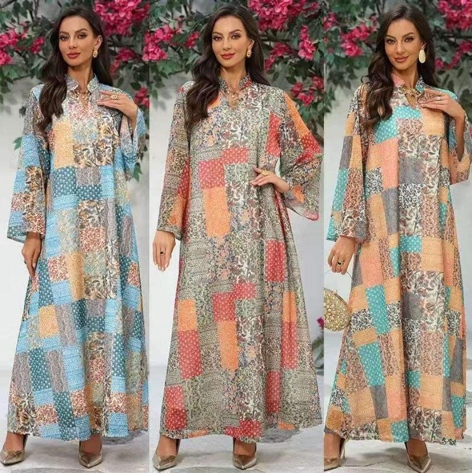 AB528 Middle Eastern Modest Wear Patchwork Print Abaya (3 Colors)