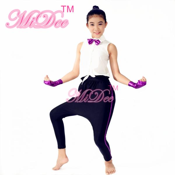 Vital Hip Hop Dance Costumes White Sleeveless Shirt Purple Bow Tie Black Leotard