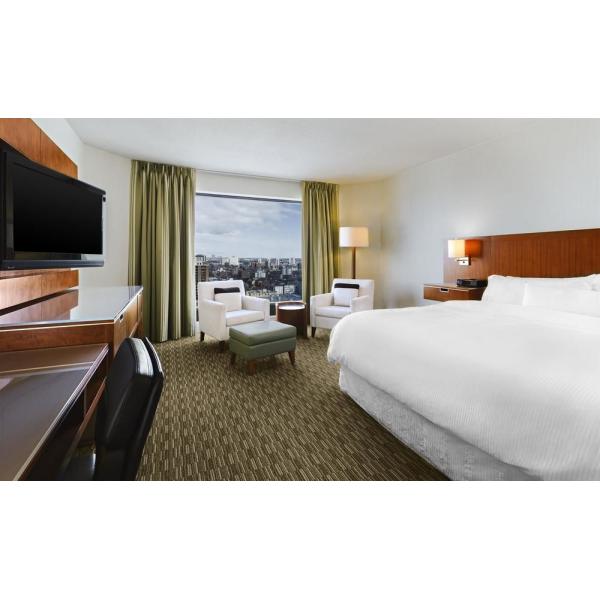 Contemporary Mahogany Panel Full Size Bed Hotel Furniture Set With Leather Chairs