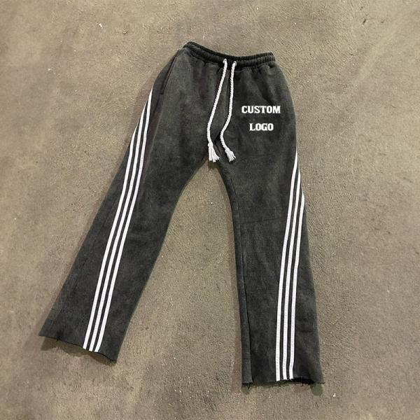 Pantalones de algodón personalizados de peso pesado con rayas para hombres largas piernas lavado con ácido, bordado con aplicación, parches de bordado, pantalones de sudor con rayas