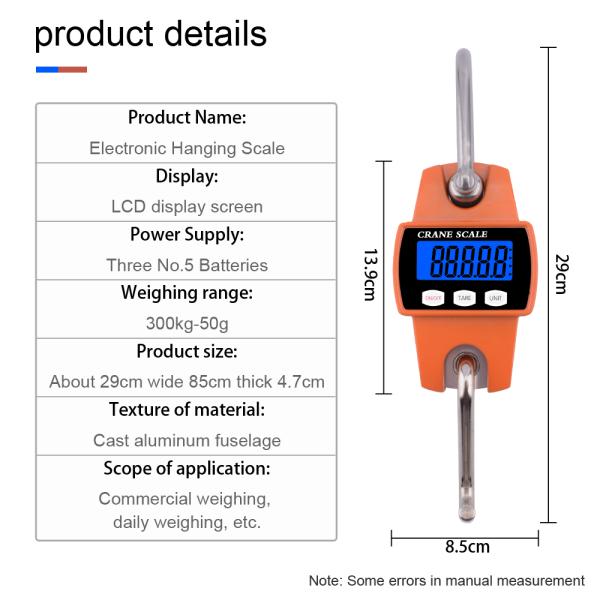 300kg/50g Digital LCD Smart Electronic Hook Scale Professional Waterproof Detachable Hook Industrial Scale 20-Piece Set