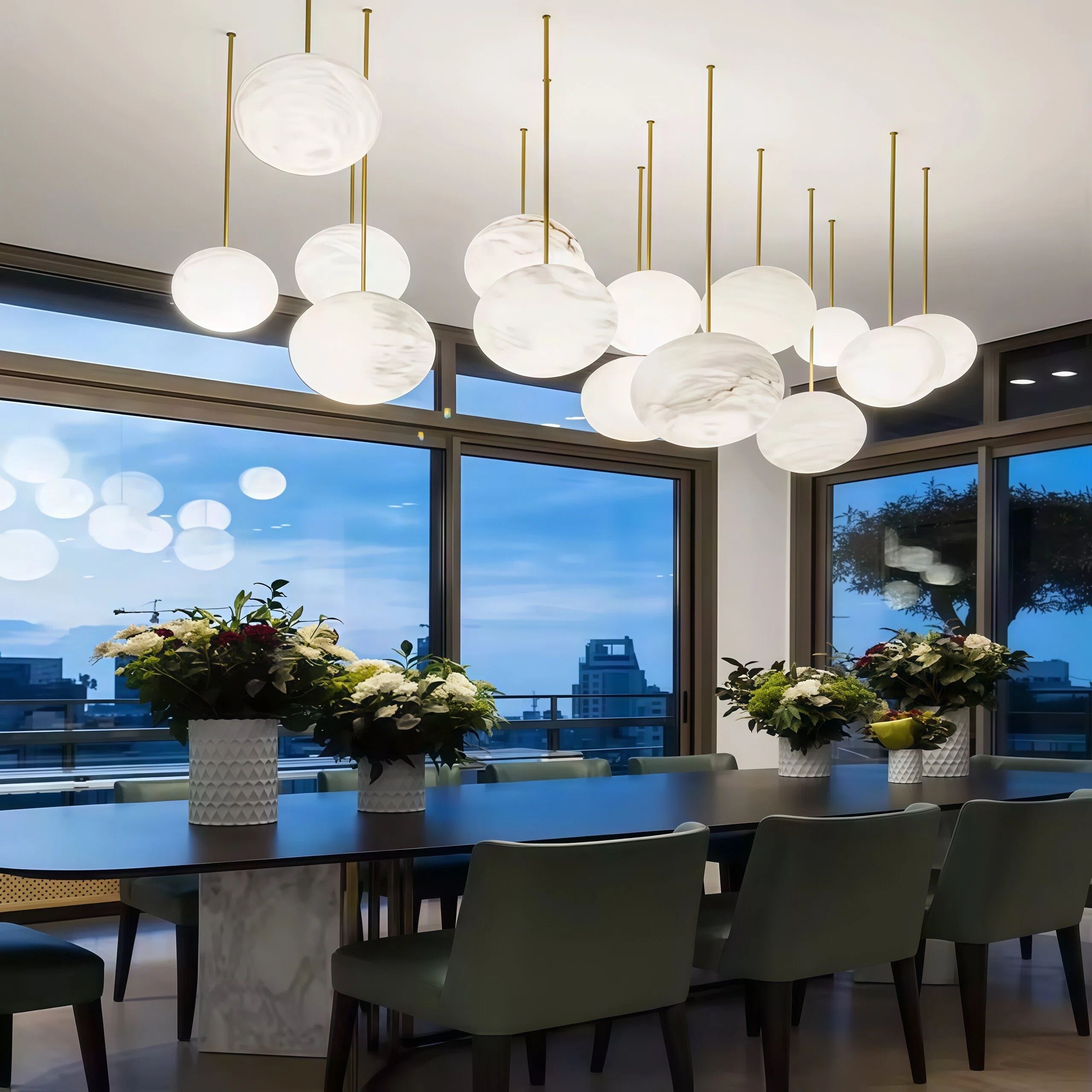 JYLIGHTING Multi-head Irregular Cluster Spanish Natural Alabaster Chandelier, Modern Disc Shaped Stone Pendant Light, Custom Hanging Lamp for Reception Desk, Lobby, Gallery & High-end Office Space