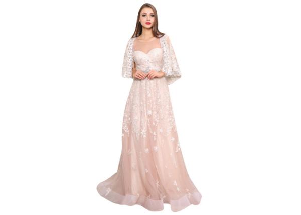 Breathable Lace Elegant Tulle Pink Bridesmaid Dresses Long With Shawl