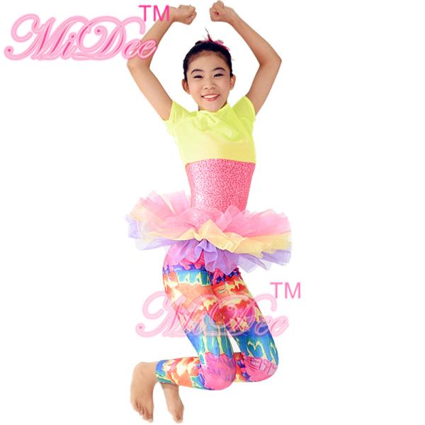 Amiable Dance Competition Costumes Yellow Pink T shirt Skirt Tiers Slender Leotard